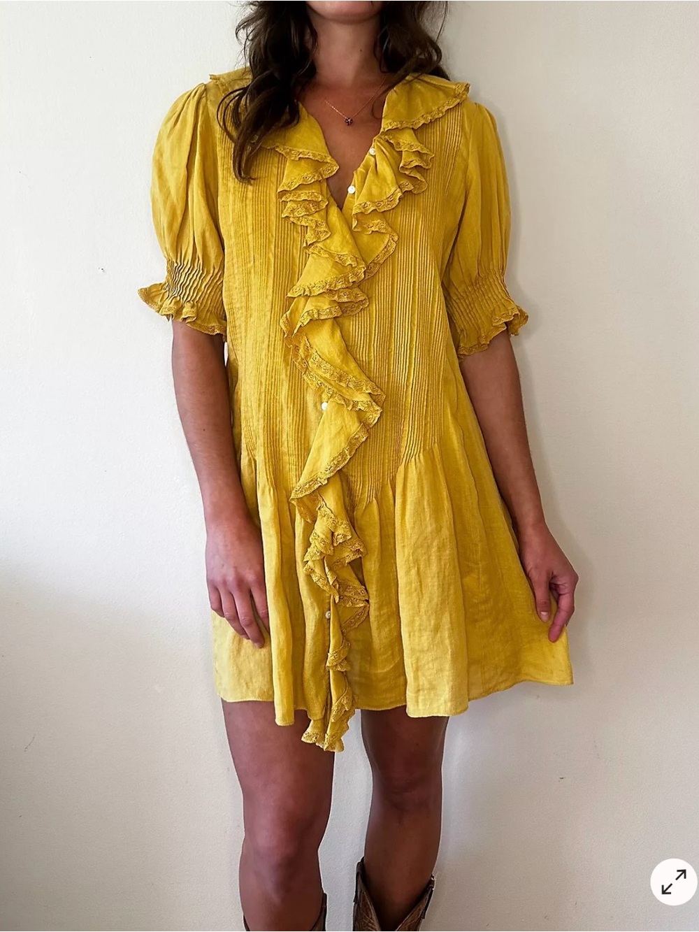 Doen Canary Yellow Pintuck Ruffle Henri Dress size M
